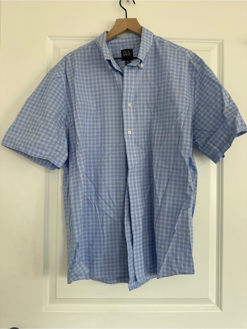 Jos. A. Bank Blue Plaid Short-Sleeve Button-Down Shirt, Tailored Fit